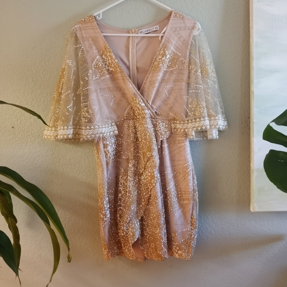 Hello Molly Lace Gold Sunburst Bohemian Sheer Flowy Kimono Sleeve NYE Dress M - Picture 4 of 7
